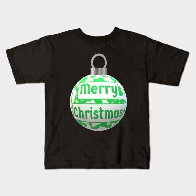 Christmas Tree Ornament with Merry Christmas Greeting and Wintergreen and White Abstract Peppermint Candy Cane Design Kids T-Shirt by Art By LM Designs 